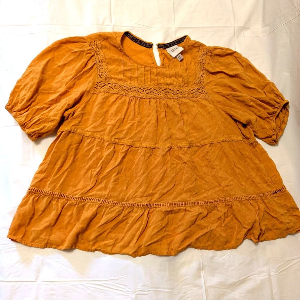 Knox Rose Womens Mustard Yellow Tiered Blouse XXL 3/4 Sleeve Boho Style Cotton